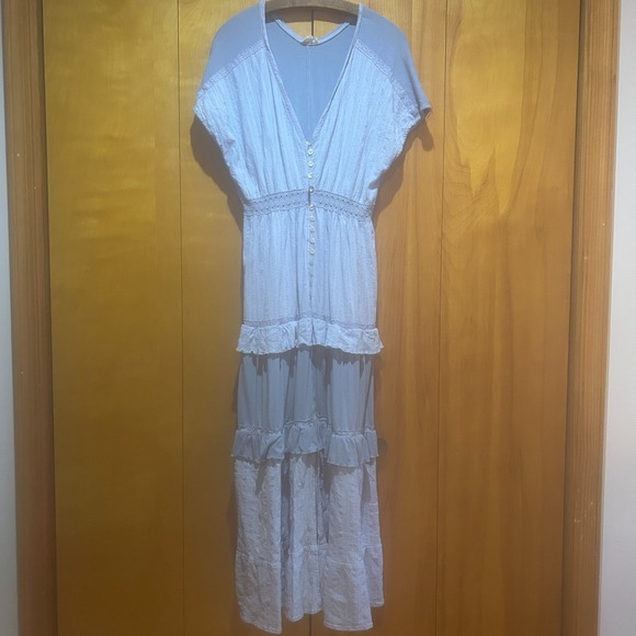 Pol Dress Size Small Blue Maxi Ruffle Tier Deep V Cottagecore Country Prairie - Picture 2 of 10